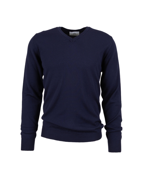 Merinotröja Blå V-ringad